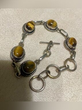 Sterling Silver Tiger's Eye Link Bracelet - Yellow Brown Gemstones